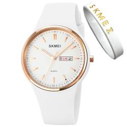 Uhren für junge Frauen, Damen, Sport, Silikonband, großes Zifferblatt, groß, wasserdicht, modisch, lässig, einfach, Quarz, analog, Tag, Datum, Mädchen, Geschenk, L1747white, Einfach von SKMEI