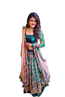 SKY VIEW FASHION Frauen Indische Pakistanische Lengha Hochzeit Party Satin Banglory Seide Lehenga Mit Ungenäht Bluse Material, Rama, Nicht aufgerissen von SKY VIEW FASHION