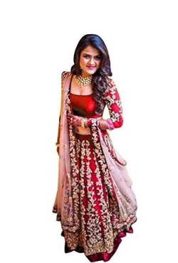 SKY VIEW FASHION Frauen Indische Pakistanische Lengha Hochzeit Party Satin Banglory Seide Lehenga Mit Ungenäht Bluse Material, Rot/Ausflug, einfarbig (Getaway Solids), Nicht aufgerissen von SKY VIEW FASHION