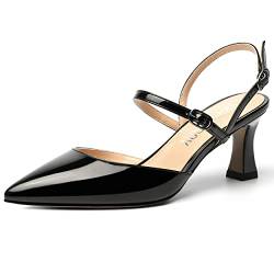 SKYSTERRY Damen Slingback Lack Spitze Zehe Hochzeit Sexy Slip On Spule Mid Heel Pumps Schuhe 2,5 Zoll, Schwarz, 40.5 EU von SKYSTERRY