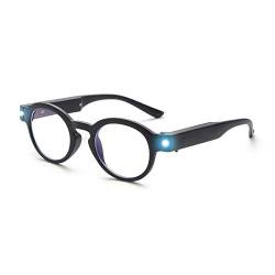 SKYWAY Lesebrille mit LED-Licht, Runde Lesebrille, Blaulicht Schutzbrille Spielbrille mit USB Wiederaufladbare fur Frauen Männer, Blendschutz UV-Schutz, Schwarz von SKYWAY