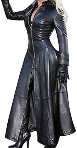 SKYWPOJU Damen PVC Leder Trenchcoat Jacke mit Reißverschluss Sexy Kleid Body Clubwear Langer Lack-Mantel (Color : Black, Size : 5XL) von SKYWPOJU