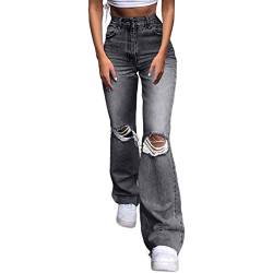 SKYWPOJU Damen Schlaghose Y2K Mode High Waist Bootcut Pant Weite Bein Boyfriend Stretch Skinny Jeans Hosen Vintage Leopard Jeanshose Schlagjeans Streetwear (Color : Gray, Size : XXL) von SKYWPOJU