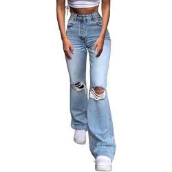 SKYWPOJU Damen Schlaghose Y2K Mode High Waist Bootcut Pant Weite Bein Boyfriend Stretch Skinny Jeans Hosen Vintage Leopard Jeanshose Schlagjeans Streetwear (Color : Light Blue, Size : L) von SKYWPOJU