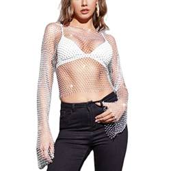 Damen Sheer Mesh Puff Langarm Tops Sexy See Through Shirts Glitzer Pailletten Tops Blusen Einteiler Cover Up E Gril Streetwear, weiß, Small von SKZZVI