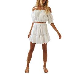 SKZZVI Outfit Damen Set Kleidung Sommer Damen Outfit Set Sommer Oberteile Damen Schulterfrei Crop Top Und Rock Damen Sommer Set (Weiß, M) von SKZZVI