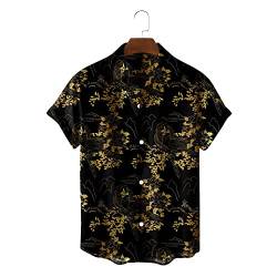 Haweihemden Herren, Vintage Fashion Golden Flower Print Schwarz Herren Kurzarm Strandhemd Button Down Sommer Casual T-Shirt Shirts Schnelltrocknend Holiday Party Aloha Shirt Top,M von SLEA