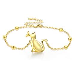 SLIACETE Gold Schmetterling und Katze Armband für Damen Mädchen 925 Sterling Silber Vergoldet Katzen Schmuck Geschenke für Katzenliebhaber von SLIACETE
