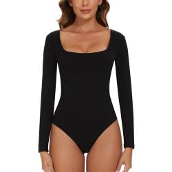 SLIMBELLE Body Damen Langarm Quadratischer Kragen Bodysuit Body Anzüge Tanga Langarm Top für Frauen (Schwarz,L) von SLIMBELLE