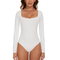 SLIMBELLE Body Damen Langarm Quadratischer Kragen Bodysuit Body Anzüge Tanga Langarm Top für Frauen (Weiß,M) von SLIMBELLE