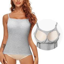 SLIMBELLE Damen BH Hemd Unterhemd Spaghettiträger Top Ohne Bügel Unterhemden mit BH Integriert Basic Polster Trägertop Padded Camisole Hemdchen mit Cups Einsatz Bustier Bralette Shirt(Grau,L) von SLIMBELLE