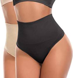 SLIMBELLE Damen Bauch Weg Mieder String Tanga Slip Figurenformend Miederpants Shapewear Unterwäsche, Schwarz+ Beige, Gr.- 2XL(DE 42) von SLIMBELLE