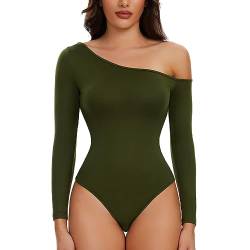 SLIMBELLE Damen Body Langarm Bodysuit Damen Body Elegant Bodysuit Women Schräger Ausschnitt Schulterfreies Oberteil Damen (Olivgrün, L) von SLIMBELLE