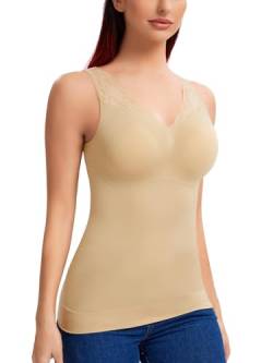 SLIMBELLE Damen Unterhemd BH Hemd Seamless Tank Top Bauch Weg V-Ausschnitt Weste Spitze Figurformende Cami Shapewear mit integriertem BH Ohne Bügel Bustier Camisole Beige L von SLIMBELLE