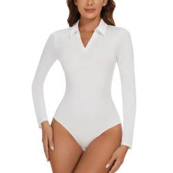 SLIMBELLE Damenbody V-Ausschnitt Bodysuit Oberteil Body Damen Langarm Body Sexy Damenbody Schmal Bodysuits Tops（Weiß, XXL） von SLIMBELLE