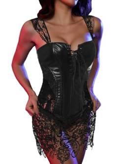 SLIMBELLE Korsett Leder Damen Gothic Bustier Brokatmuster Taillenformer Mittelalter Top Unterbrust Corsage Schwarz-PU M von SLIMBELLE