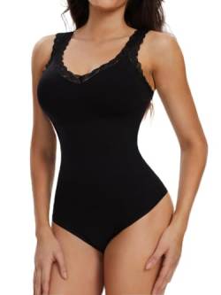 SLIMBELLE Shapewear Damen Bodysuit Bauchweg Spitze rückenfreier Formender Shaper Tanga Bodysuit Miederbody mit Verstellbarer Schultergurt Schwarz-01 L von SLIMBELLE