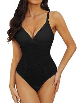 SLIMBELLE Shapewear Damen Bodysuit Bauchweg Spitze rückenfreier Formender Shaper Tanga Bodysuit Miederbody mit Verstellbarer SchultergurtSchwarz M von SLIMBELLE