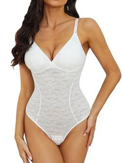 SLIMBELLE Shapewear Damen Bodysuit Bauchweg Spitze rückenfreier Formender Shaper Tanga Bodysuit Miederbody mit Verstellbarer SchultergurtWeiß XL von SLIMBELLE