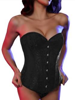 SLIMBELLE Vollbrust Corsage Damen Korsett Top Gothic Vintage Corsagen Bustier Corsette mit Stahlstäbchen Spitze und Faux Leder Corsage mit Tanga Schwarz-Lace M von SLIMBELLE