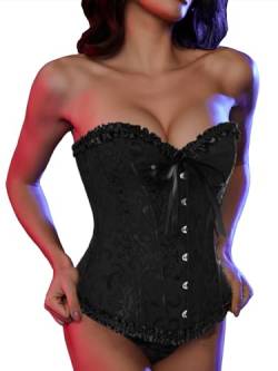 SLIMBELLE Vollbrust Corsage Damen Korsett Top Gothic Vintage Corsagen Bustier Corsette mit Stahlstäbchen Spitze und Faux Leder Corsage mit Tanga Schwarz bow-knot M von SLIMBELLE