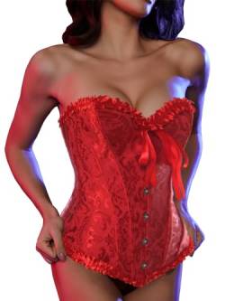 SLIMBELLE Vollbrust Corsage Damen Korsett Top Gothic Vintage Corsagen Bustier Corsette mit Stahlstäbchen Spitze und Faux Leder Corsage mit Tanga Weinrot bow-knot 3XL von SLIMBELLE