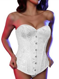 SLIMBELLE Vollbrust Corsage Damen Korsett Top Gothic Vintage Corsagen Bustier Corsette mit Stahlstäbchen Spitze und Faux Leder Corsage mit Tanga Weiß-Lace L von SLIMBELLE