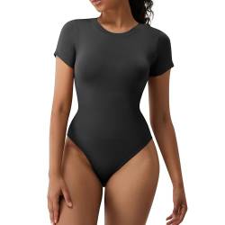 SLLIE Damen Rundhals Kurzarm Bodysuit Nahtlos Gerippt Dreieck T-Shirt Tops Basic Shapewear Jumpsuit Leotard, Schwarz, M von SLLIE