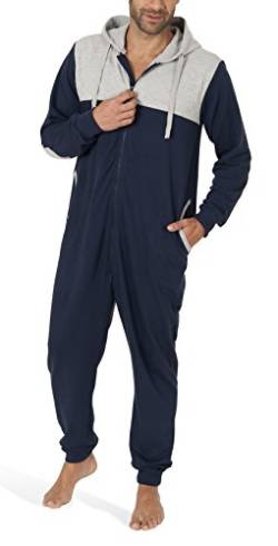 SLOUCHER - Herren Jumpsuit Onesie Overall Einteiler Hausanzug aus Baumwolle mit Reißverschluss und Kapuze, Farbe:Navy, Größe:M von SLOUCHER