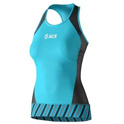 SLS3 Damen Triathlon Top Shirt Tri Jersey Tank Oberteil FX Solid | Designed by Athletes (Black/Martinica Blue Stripes, Medium) von SLS3