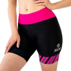 SLS3 Triathlon Hose Damen | Tri Bike Shorts | Schwarz | Tri Short Frauen FRT Solid | Designed by Athletes (Black/Bright Rose Stripes, Large) von SLS3