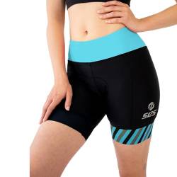 SLS3 Triathlon Hose Damen | Tri Bike Shorts | Schwarz | Tri Short Frauen FRT Solid | Designed by Athletes (Black/Martinica Blue Stripes, Medium) von SLS3