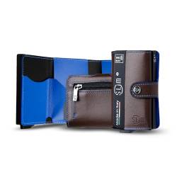 SLim Geldbörse für Herren & Damen Smart Wallet kartenetui mit Münzfach & RFID Schutz Portmonee Portemonnaie Made in Italy (Braun innen Blau, mit Münzfach) von SLim