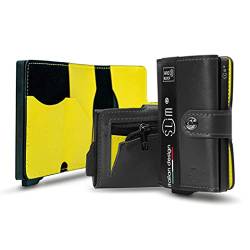 SLim Geldbörse für Herren & Damen Smart Wallet kartenetui mit Münzfach & RFID Schutz Portmonee Portemonnaie Made in Italy (Schwarz innen Gelb, mit Münzfach) von SLim