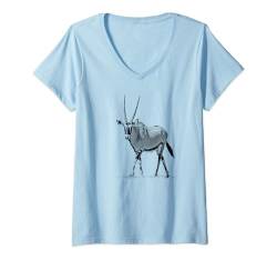 Damen Oryx Antelope Figur in Vintage Schwarz & Weiß T-Shirt mit V-Ausschnitt von SM's Wild for Africa Apparel