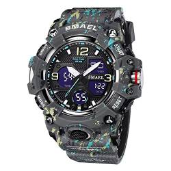 SMAEL Herrenuhren Militär Outdoor Wasserdicht Sport Armbanduhr Datum Multifunktion LED Alarm Stoppuhr Digital Uhren für Herren, 8008 Camo Grey, Large Face von SMAEL