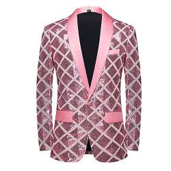 SMBHIAON Herren-Blazer, Groß, Einfarbig, Quadratische Pailletten, Reguläre Passform, EIN-Knopf-Anzugsblazer, Modisches Revers Mit Tasche, Business-Arbeit, Formelle Smoking-Anzugjacken, Pink, XXL von SMBHIAON