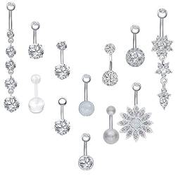 SMCTCRED Bauchstangen, 11 Stück 316L Chirurgenstahl CZ Bauchstangen mit Dangle Cubic Zirkonia Curved Body Piercing Schmuck Barbells für Frauen Mädchen, Metall, Legierung. von SMCTCRED