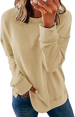 SMENG Damen Langarm Sweatshirt mit Comfort Rundhalsausschnitt Einfarbig Casual Pullover Tops Beige XL von SMENG