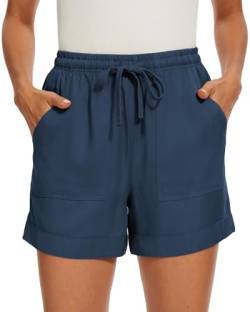 SMENG Damen Normallack lose beiläufige Hosen mit Taschen Workout Kordelzug Shorts Lounge für Sommer Kurze Hose Damen Blau M von SMENG