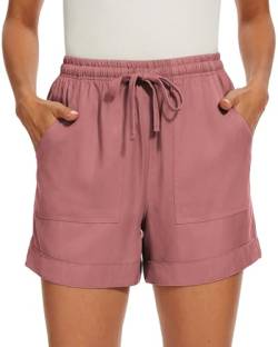 SMENG Damen Sommer Workout Kordelzug Baumwoll Shorts Kurze Hose für Damen Lounge einfarbig lose Freizeithose mit Taschen Rosa S von SMENG