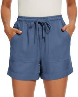 SMENG Damen Sommer Workout Kordelzug Shorts Kurze Hose Damen Sommer Lounge einfarbig lose Freizeithose mit Taschen Staubiges Blau S von SMENG