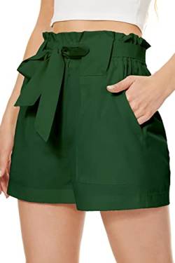 SMENG Kurze Hosen Damen Sommer mädchen high Waist weit mit Kordel Stoff locker mit Gummizug elastisch Bermuda Shorts grün M von SMENG