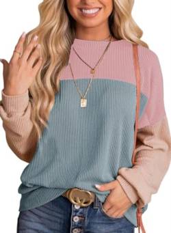 SMENG Longpullover Für Damen Mode Longshirt Damen Rundhals Ausschnitt Farbblock Oberteile Frauen Oversize Tshirt Elegante Kleidung Schickes Oberteil Damen Rosa Blau M von SMENG