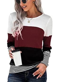 SMENG Shirt Damen Langarm Locker Sexy Oberteil Bekleidung Color Block Tunika Bequemes Hemdbluse Pullover Elegant Coole T-Shirts Casual Tops Weinrot S von SMENG