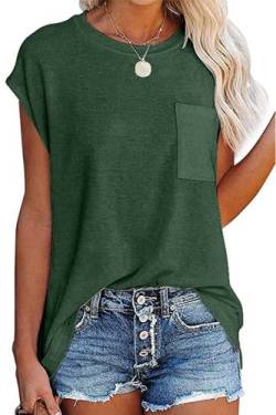 SMENG Shirt Damen Sommer Oversize Pullover Damen Kurzarmshirt Rundhals Pullover Lässige T Shirt Damen Pullover Kurzarm Shirt Hemden Top Grün XL von SMENG