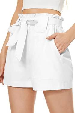 SMENG Shorts Damen Sommer mit Gummibund Kurze Hosen Teenager mädchen Stoff locker mit Gummizug elastisch Bermuda Short weiß S von SMENG