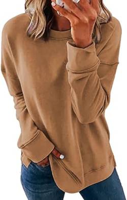 SMENG Sweatshirt Damen Casual Einfarbig Rundhals Pullover Sweatshirt Langarm Tops Loose Comfort Pullover Khaki XL von SMENG