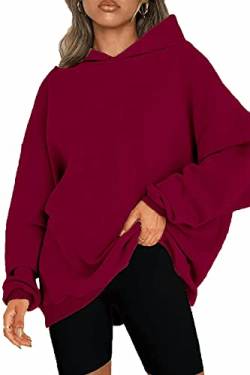 SMENG Sweatshirt Damen Hoodies Longsleeve Sport Hoody Lockere Pullover Klamotten V-Ausschnitt mit Schnalle Sweat mit Kapuzen Weinrot L von SMENG