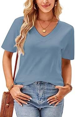 SMENG Tops Für Damen Tshirt Damen Oversized Tshirt Damen Sommer Kurzarm Shirts Oberteile Casual V-Ausschnitt Einfarbige Lose Basic Tops Beiläufig Baumwolle Bluse Blau M von SMENG